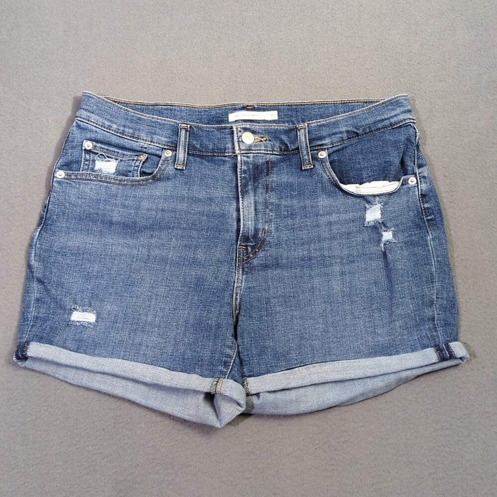 Levi's Jean Shorts Women's 32 Blue Mid Length Shorts Cuffed Distressed Denim